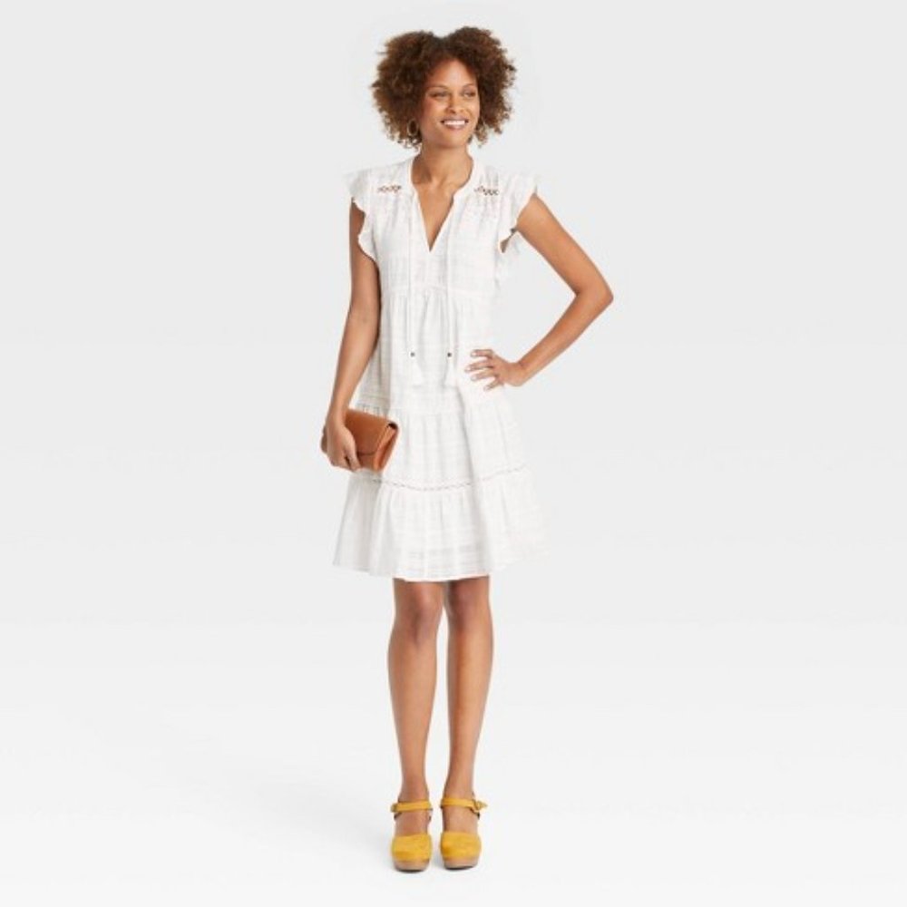 Knox Rose Flutter Sleeve Tiered White Mini Sundress Dress XL NEW